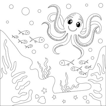 Coloring book. Sea fish and Octopus. Underwater world. Ocean. Vector illustration for children.