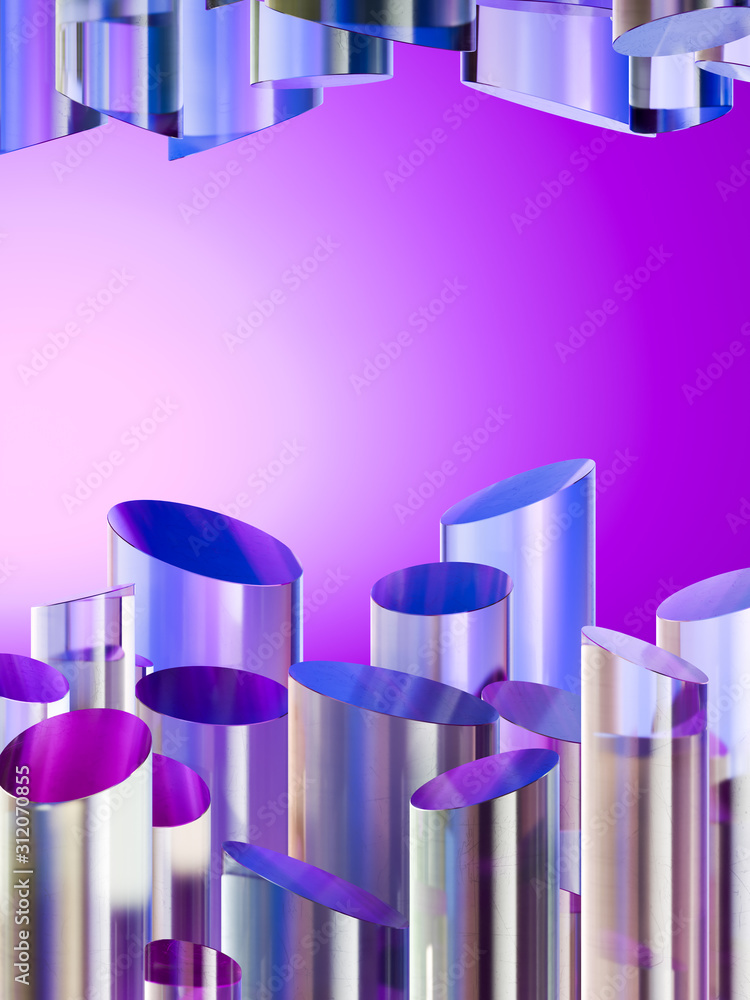 Poster perlaceous canvas pipes showcase with empty space pedestal on light violet background. coral in sea.