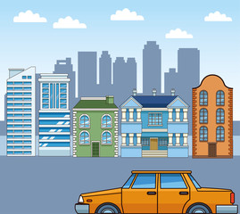 urban city scenery with classic buildings and yellow car, colorful design