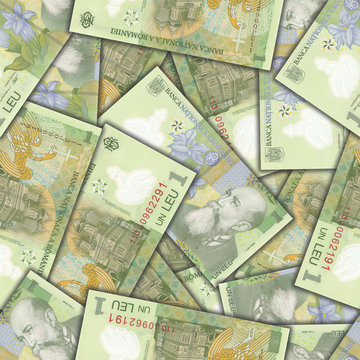 Illustration seamless pattern. Randomly scattered Romanian green banknotes of 1 lei 2005