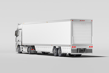 Back View Of Powerful White Semi Truck With Empty Space On Refrigerator For Long Haul Delivery. 3d rendering