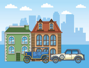 classic buildings and classic cars over urban city background