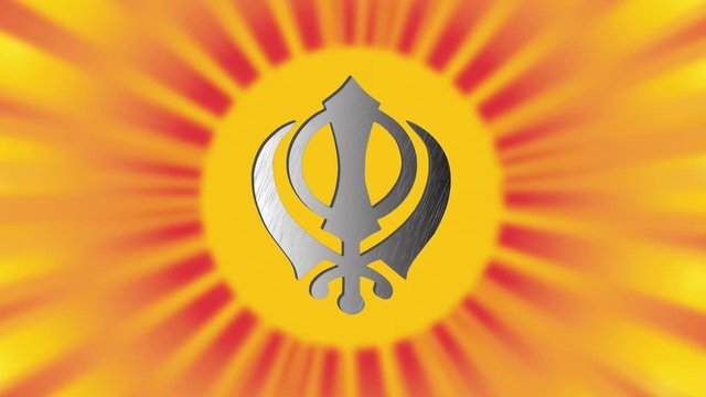 The main symbol of Sikhism &ndash; sign Khanda (silver). Red and gold gradient rays. Video HD.