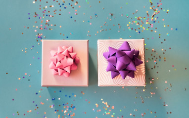 Gift boxes on blue background.