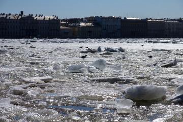 melting ice on the river and gulls