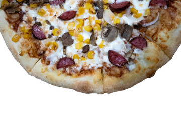 Half a whole pizza isolated on a white background, slice of pizza.