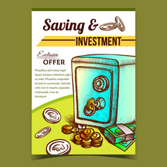Fototapeta na wymiar Saving And Investment Advertising Banner Vector. Money Banknotes, Coins And Metallic Safe Finance Protection And Saving. Safety And Security Storage Hand Drawn In Vintage Style Color Illustration