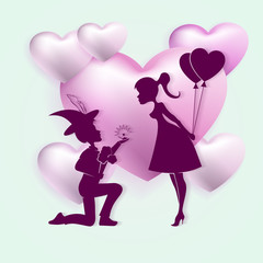Light purple composition with silhouettes of a boy and a girl with balloons