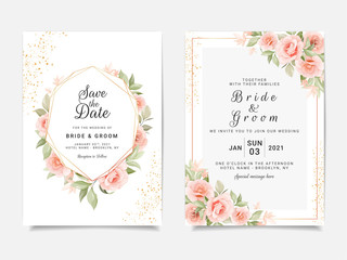 Fototapeta na wymiar Wedding invitation card template set with geometric floral frame and glitter. Peach roses botanic illustration for save the date, greeting, poster, cover vector