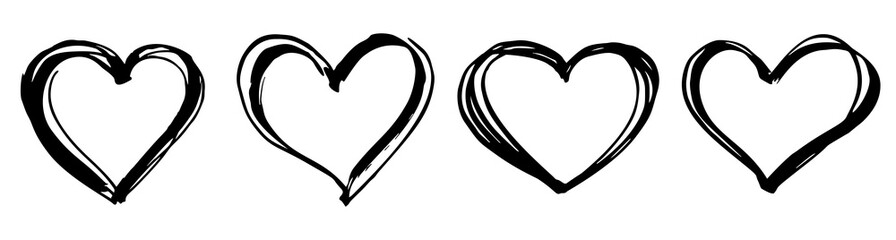 Linear hearts. Heart doodles, Hand drawn love hearts of different shapes. Vector illustration.
