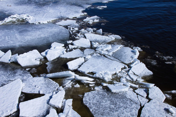 large plates of cracked ice on the river surface
