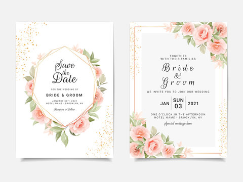 Wedding invitation card template set with geometric floral frame and glitter. Peach roses botanic illustration for save the date, greeting, poster, cover vector