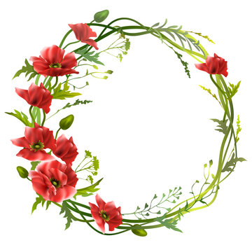 Floral wreath with red poppies. Floral frame. Vector illustration.