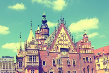 Fototapeta na wymiar Wroclaw, Poland - old city hall. Vintage color tone.