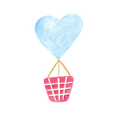 Watercolor baby clip art. Colorful Air balloon flying, red and blue hearts. Kids prints. Cute little animal for Valentine's day prints. Happy romantic cartoon ballon, isolated on white background.