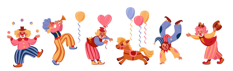 group of clowns performs at a children's party, juggle, laugh, play the trumpet, show tricks, walk on their hands