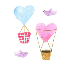 Watercolor baby clip art. Colorful Air balloon flying, red and blue hearts. Kids prints. Cute little animal for Valentine's day prints. Happy romantic cartoon bird isolated on white background.