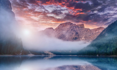 Beautiful natural landscape. Fairy-tale Foggy Morning in mountain valley. Fantastic Colorful sky...