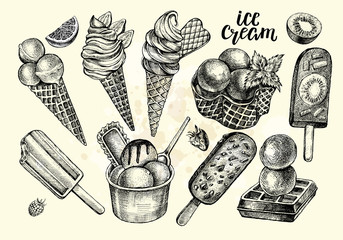 Ink hand drawn set of different types of ice cream. Popsicle on a stick. Food elements collection for menu or signboard design with brush calligraphy style lettering. Vector illustration. - 312077294