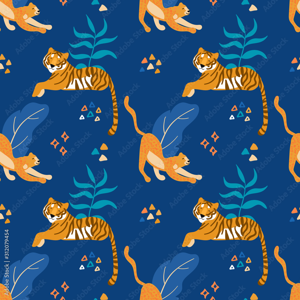 Aufkleber tigers and jaguars. vector hand drawn seamless pattern. ornament with predators. wild cats backgroun