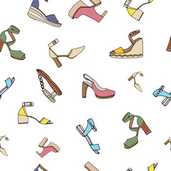 Obraz premium Seamless pattern with colorful women shoes on white background. Perfect for textile fabric print, wrapping, wallpapers, etc. Hand drawn.