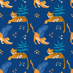 Tigers and jaguars. Vector hand drawn seamless pattern. Ornament with predators. Wild cats background.