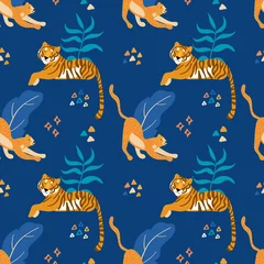Tapeten Afrikas Tiere Tiger und Jaguare. Vektor handgezeichnetes nahtloses Muster. Ornament mit Raubtieren. Wildkatzen-Hintergrund.