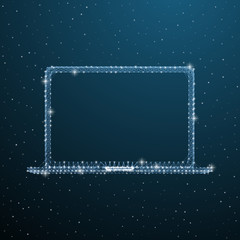 Obraz premium Open laptop polygonal concept. Wireframe portable computer mockup. Vector low poly digital device with screen monitor