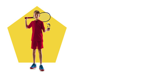 Professional tennis player practicing. Sportsman training on white background, flyer for your ad. Concept of competition, sport, healthy lifestyle, action, motion and movement. Geometric design.