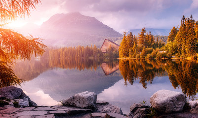 Scenic image of fairy-tale Landscape with colorful overcast sky under sunlit, over the Mountain...