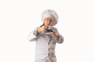 chef with a cup of coffee on a white background.