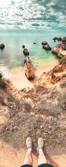 Fototapeta na wymiar One of the must visit spot at the famous coastline with rocks and beautiful beaches at sunset light Praia da Marinha, Famous Beach, Algarve Coast, Lagoa, Portimao in South Portugal, Atlantic Ocean