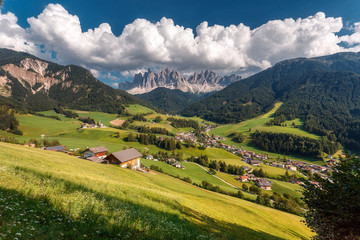 Fototapeta na wymiar Incredible Nature landscape. Famous alpine place of the world, Santa Maddalena village with magical Dolomites mountains in background, Val di Funes valley, Trentino Alto Adige region, Italy, Europe