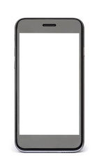 Black phone with white blank screen isolated on white.