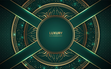 Luxury green background with mandala style shapes a combination golden ornament decoration. Elegant vector design template for cover, banner, wedding invitation, card, business, advertising, wallpaper