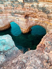 One of the must visit spot at the famous coastline with rocks and beautiful beaches at sunset light Praia da Marinha, Famous Beach, Algarve Coast, Lagoa, Portimao in South Portugal, Atlantic Ocean