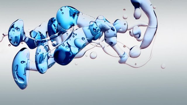 transparent blue oil bubbles and fluid shapes in purified water on a white gradient background. Side angle with crystal colored bubbles in purified cosmetic backdrop with copy space