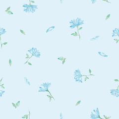 Little flowers blossom watercolor painting - hand drawn seamless pattern on blue background