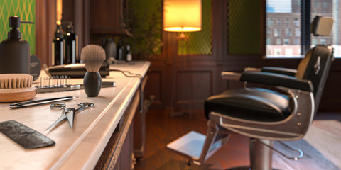 Retro Interior Of Stylish Barber Shop. Scissors, Foam Brush, Hair Brush, Trimmer On Focus. 3d Rendering