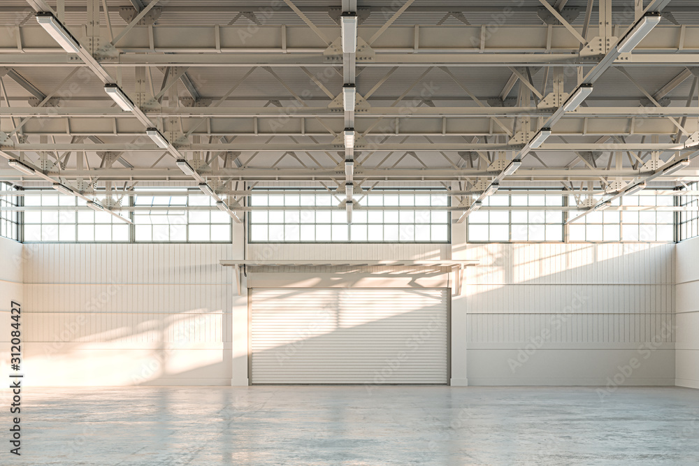 Poster empty hangar, empty factory interior or empty warehouse with roller shutter door and concrete floor.