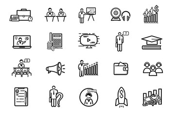 Set of twenty different business training icons in black and white line drawings showing finances, presentation, statistical charts, people computers and a rocket