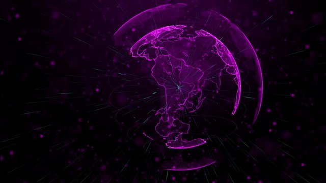 Digital purple planet of Earth. Rotating globe with shining continents. 3D animation with digital Earth and particles. Abstract global business concept.