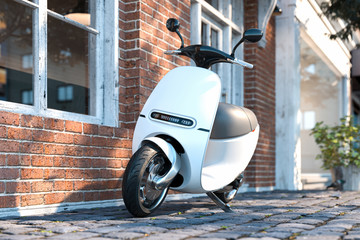 Electric Scooter on Cityscape Urban Background. Eco Alternative Transport In Downtown. 3d rendering. © ekostsov