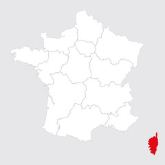 Ajaccio province marked red on france map. Gray background.