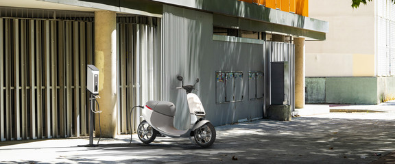 Electric Scooter With Electric Charger On Cityscape Background. Eco Alternative Transport. 3d rendering. © ekostsov