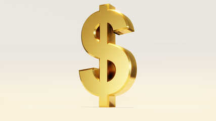 Golden color currency dollar symbol isolated on white background. 3D rendering.