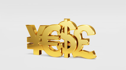 3D illustration of Currency Symbols Set Dollar yen euro pound sign symbols on a white background.