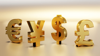 Currency golden signs. Yen pound euro dollar symbols 3D render illustration