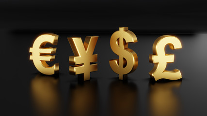 3D currency symbols including the Pound, Yen, Dollar & Euro.