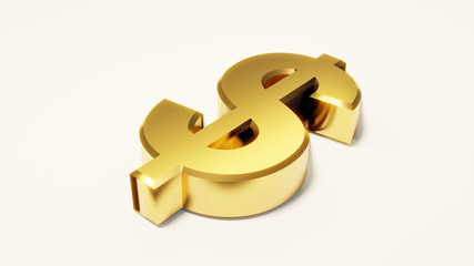 Golden color dollar sign lay on white isolated background. 3D rendering.
